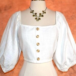 Billabong linen White Puff Sleeve open back lace up top